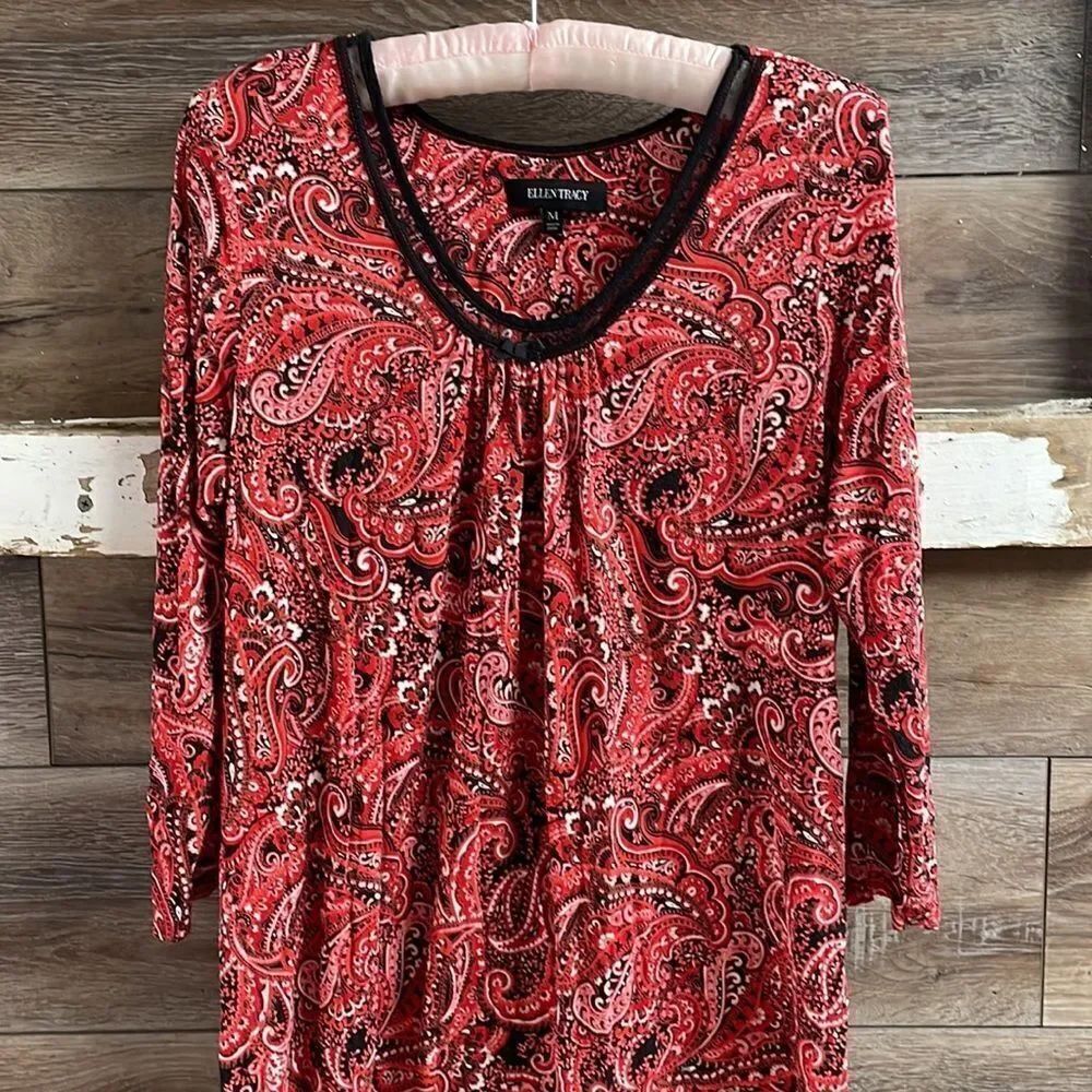 ELLEN TRACY Womens Paisley Lace Trim Dress Size Medium Cottagecore Boho